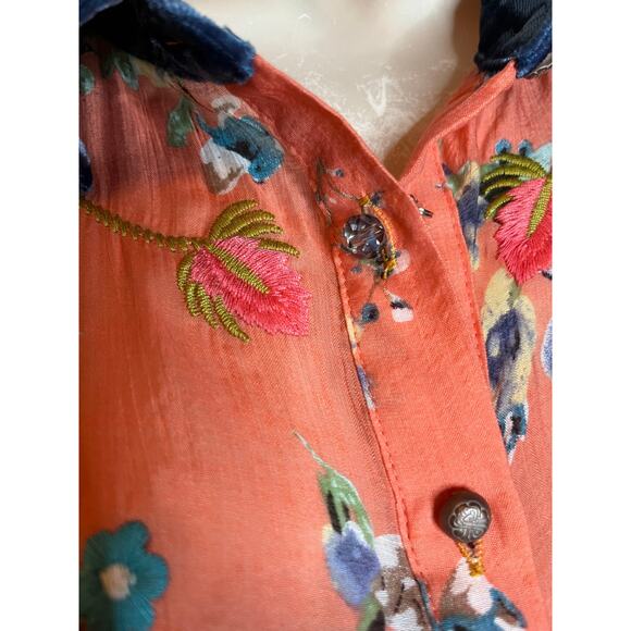 Vintage Soft Surroundings vintage embroidered blouse velvet collar oversized PXS - Picture 3 of 6